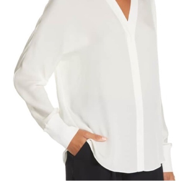 VINCE V-Neck Rib Trim Silk Blouse in Off White - Picture 4 of 13